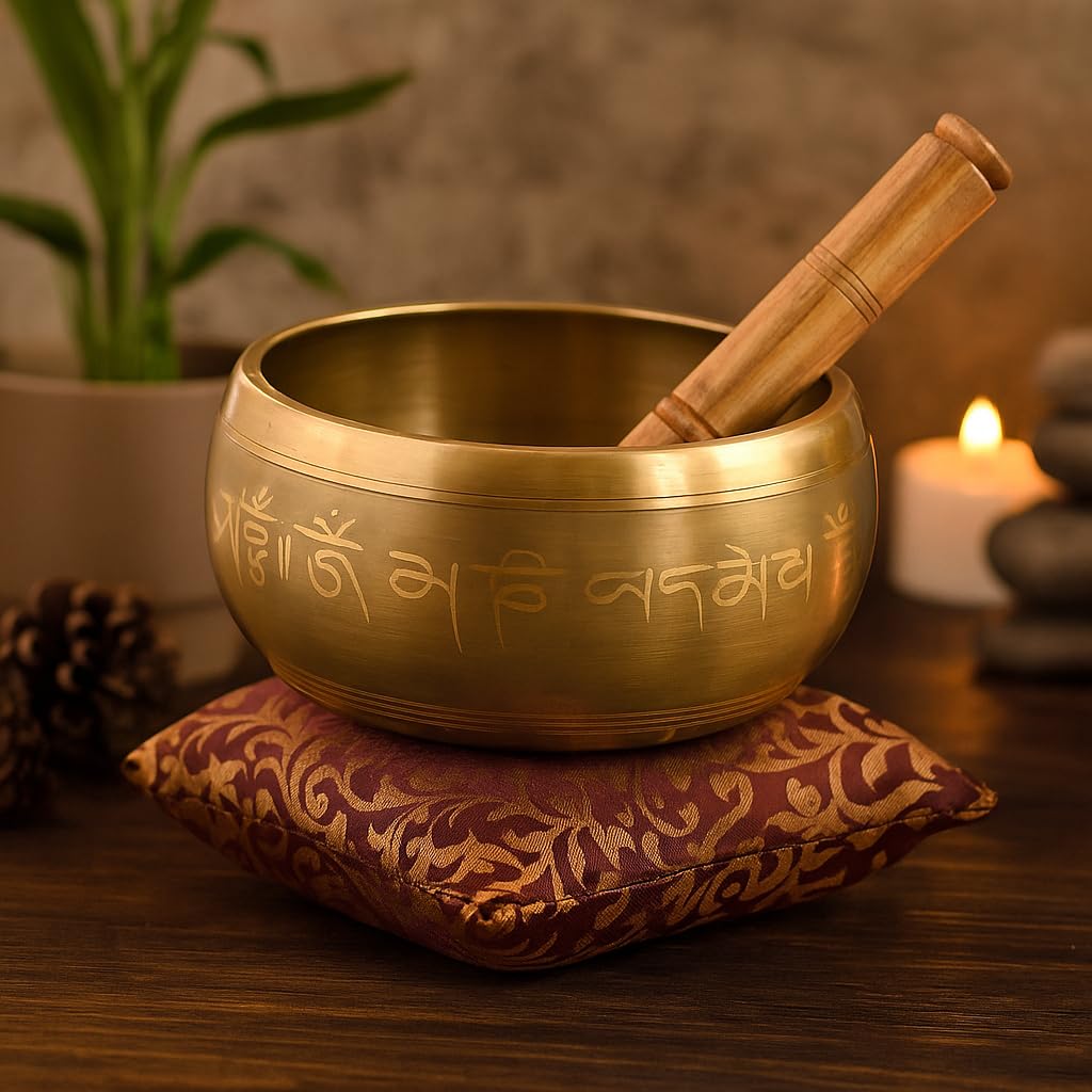 Brahmz Buddhistische tibetische Klangschale Musikinstrument Therapie Meditationsschale (braunes Messing, 15,2 cm)