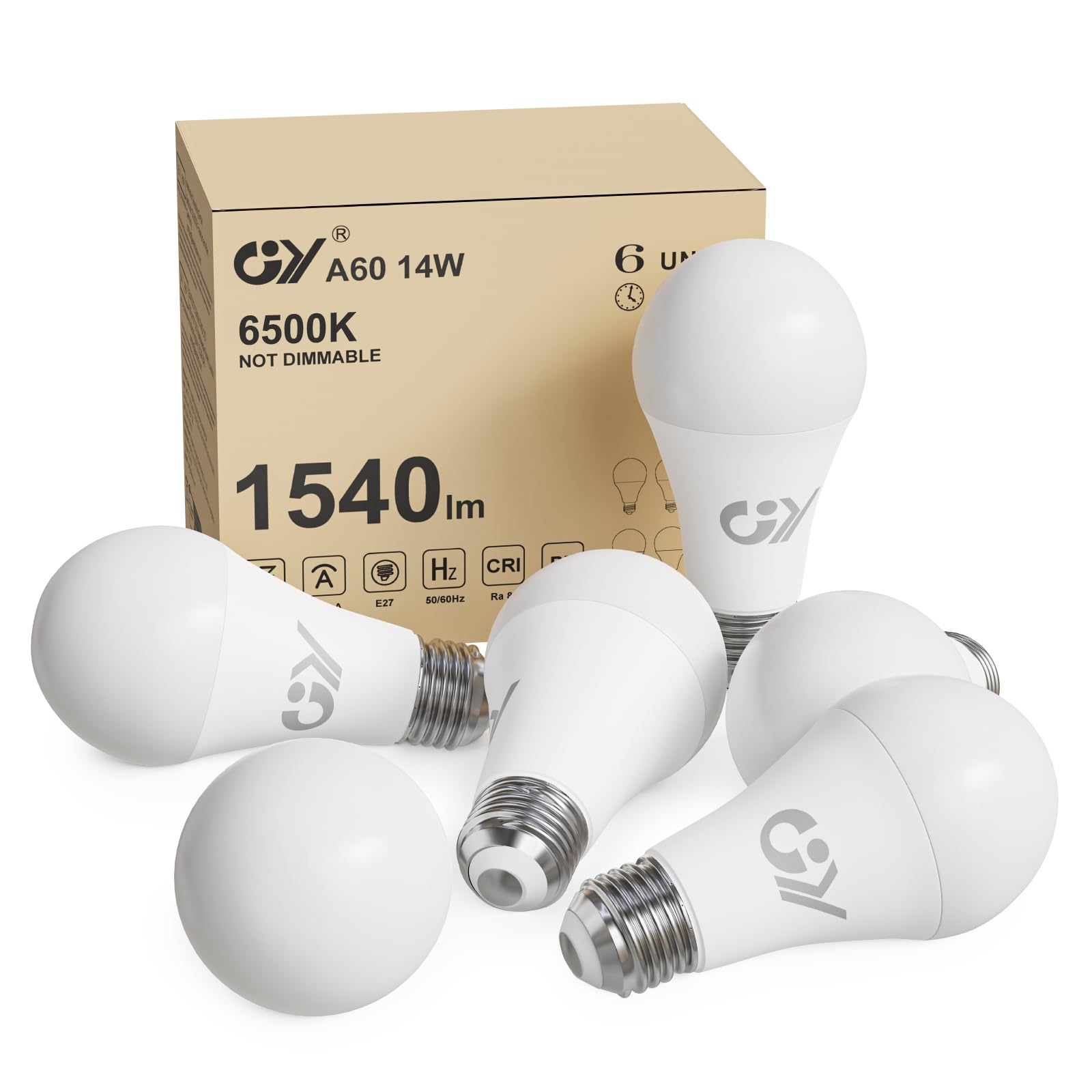 GY E27 LED Ultra Bright Energy-Saving Light Bulb, 14 W Bulb E27, Replaces 100 W Halogen Bulb, A60 LED Bulb 1540 LM, 6500 K LED Cool White, 280° Beam Angle, Energy Saving Bulb, Not Dimmable, Pack of 6