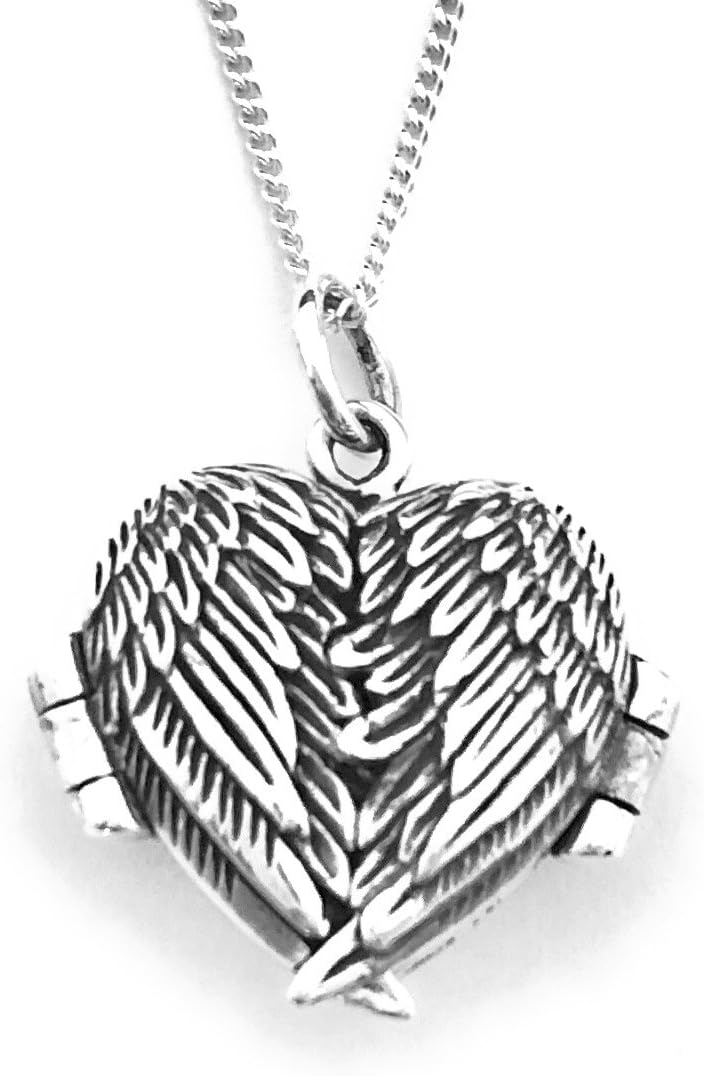 925 Sterling Silver HEART Photo Locket Opening Angel Wings Pendant 18 mm Diameter on 18" Silver Curb Chain