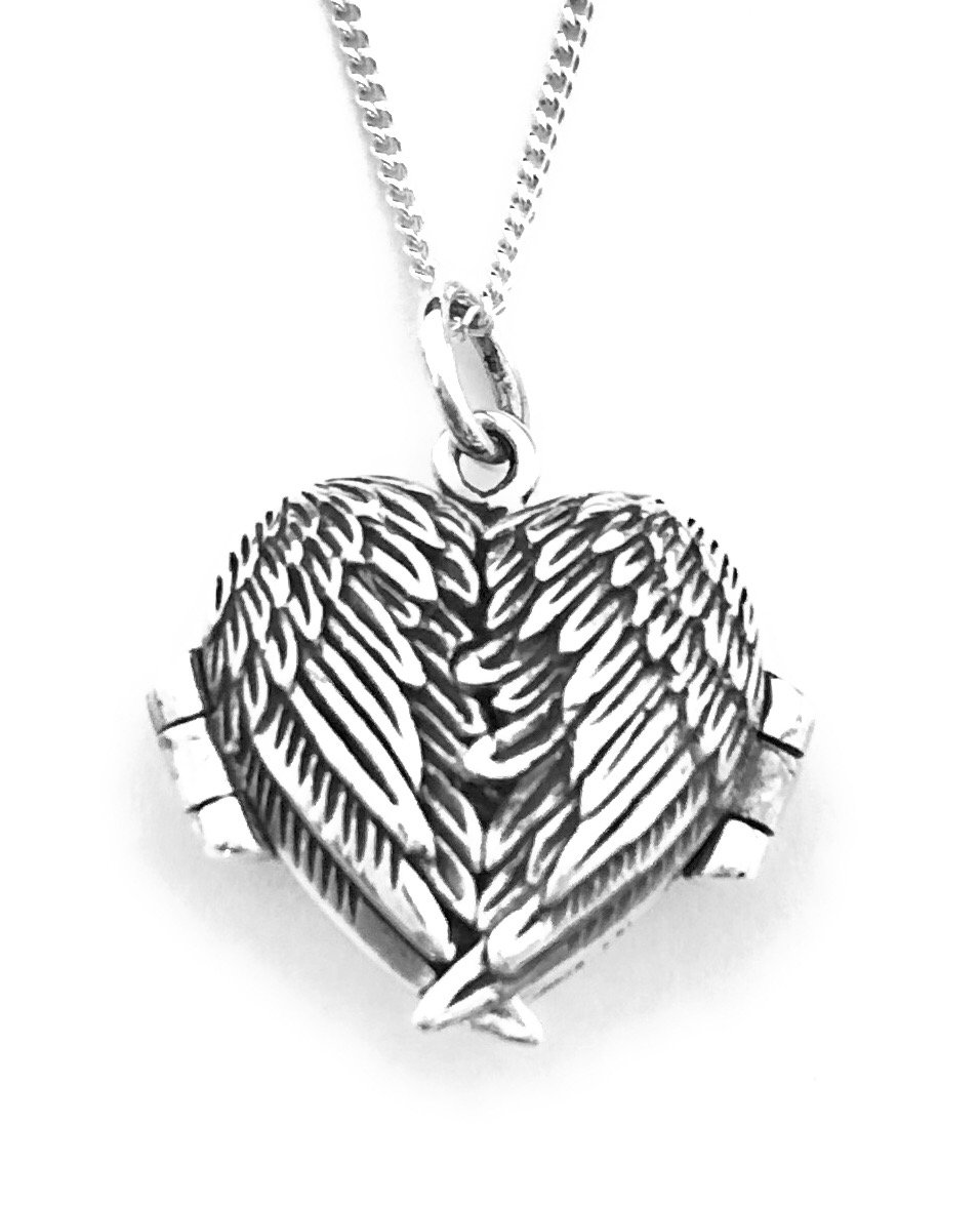 925 Sterling Silver HEART Photo Locket Opening Angel Wings Pendant 18 mm Diameter on 18" Silver Curb Chain
