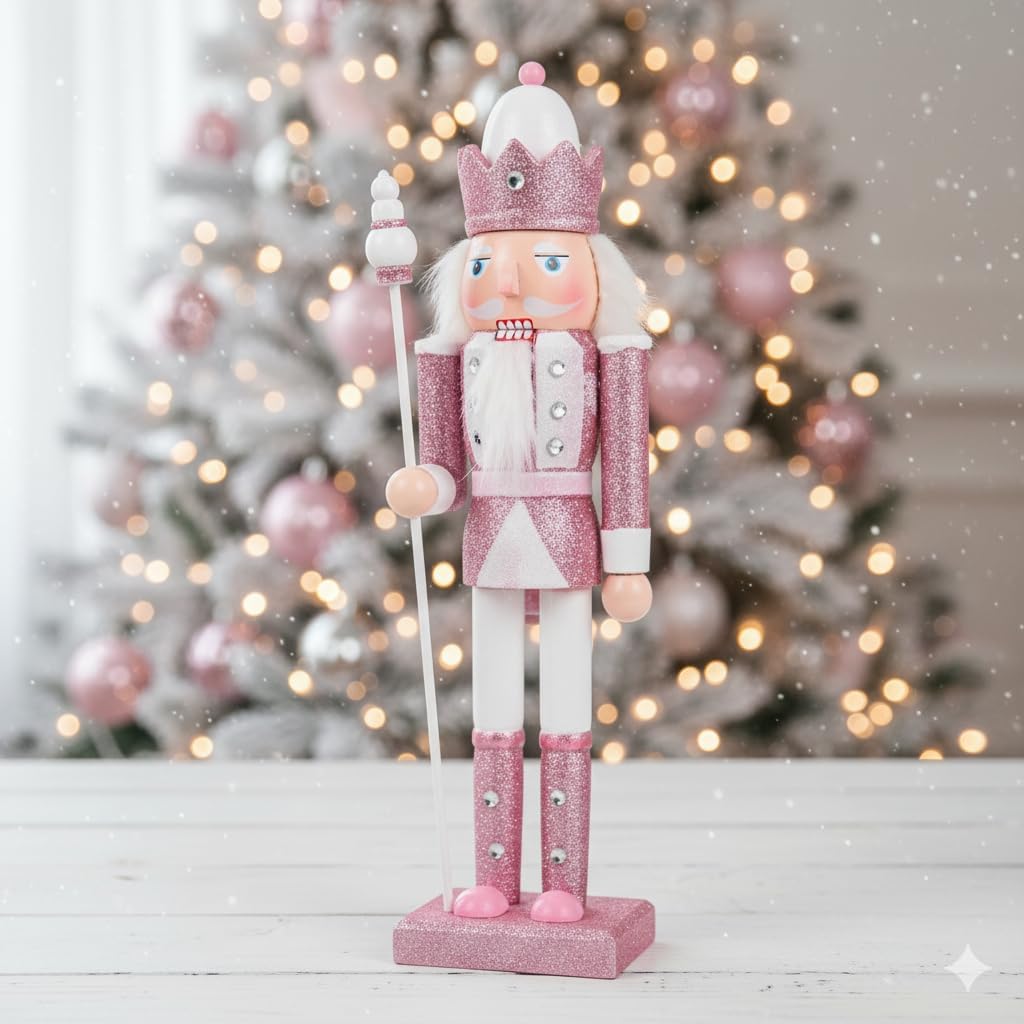Baluue Pink Wooden Christmas Nutcracker Figure, Glitter Nutcracker Soldier Ornament Traditional Wood Decoration for Table Fireplace Mantel Centerpiece Holiday Home Decor