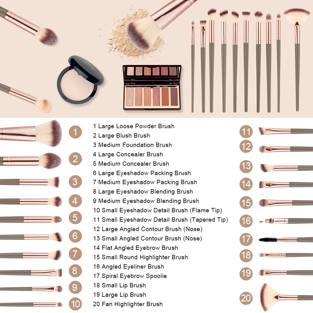 Vicloon Set Pennelli Make up,Kit di 40 strumenti per il trucco di 20 pennelli da trucco e spugne per il trucco,strumenti per il trucco,fasce capelli 2 braccialetti,per fondotinta,palpebra,cipria