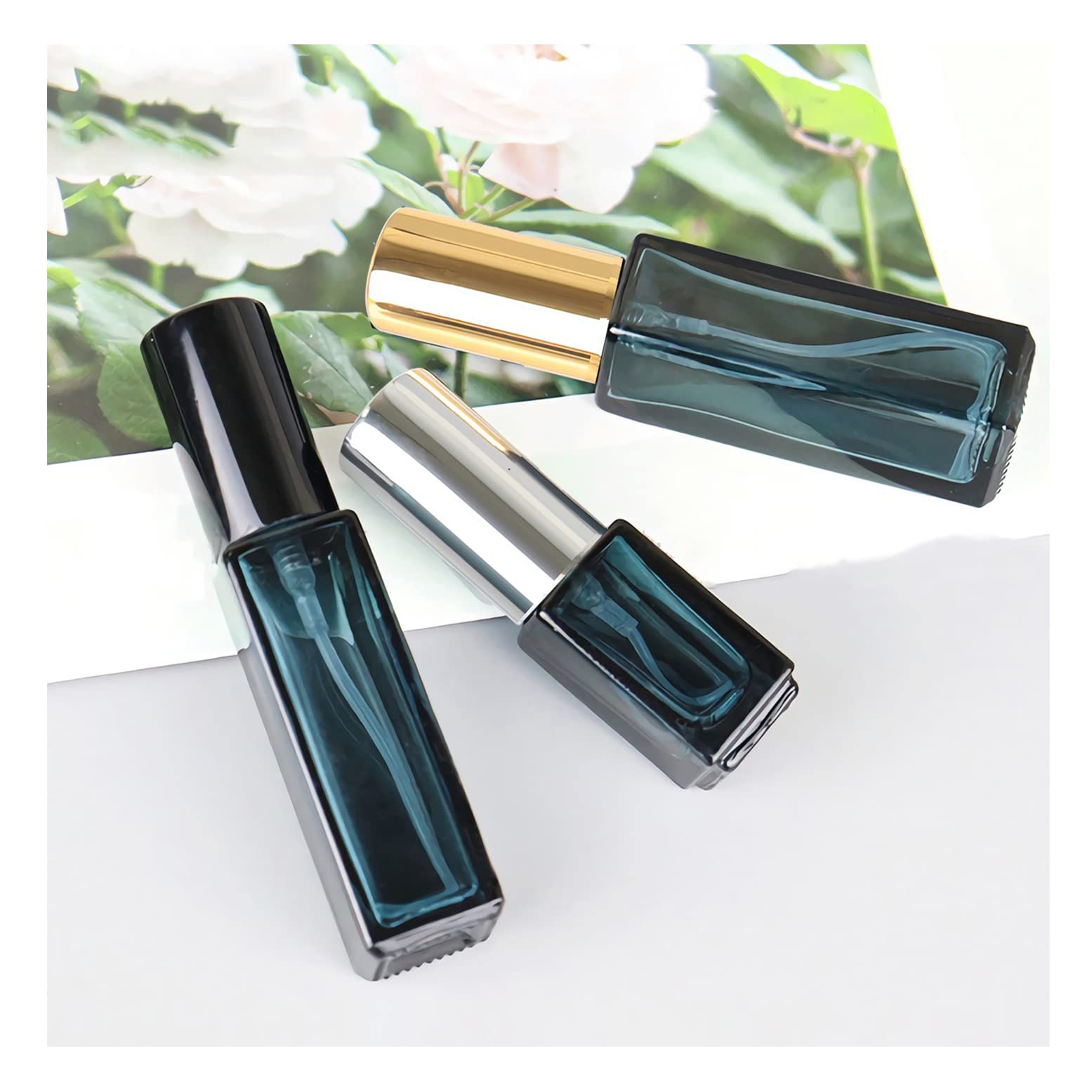 24 Piezas 9ml Verde Vidrio Mini Atomizador de Perfume Recargable Botella con Tapas de Negro,Portatil de Perfume Bote de Spray Viaje Pulverizador