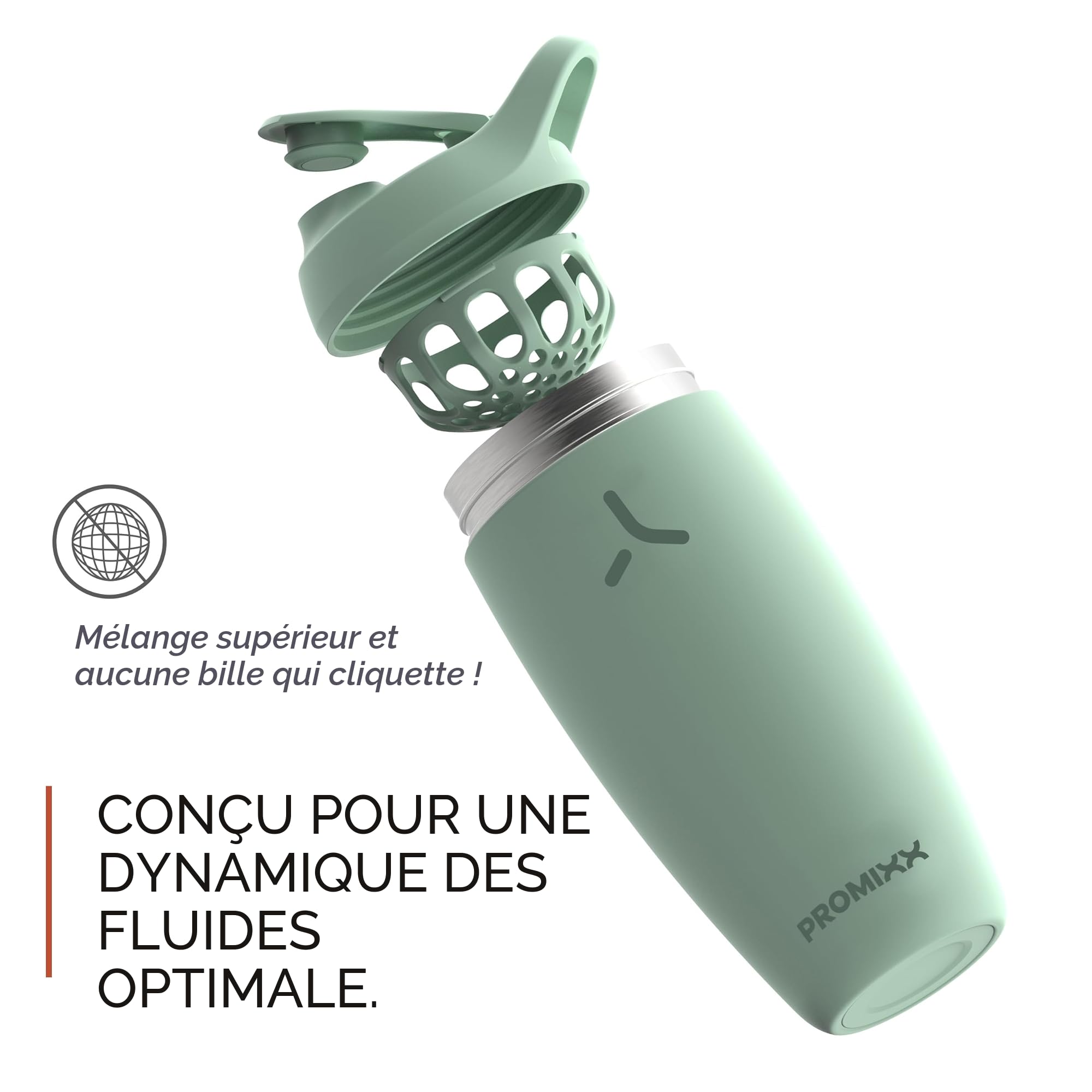 PROMIXX PURSUIT shaker à protéines nouvelle édition – Bouteille de mélange isolée en acier inoxydable – facile à nettoyer et durable, 550ml, Vert Jonc de Mer.