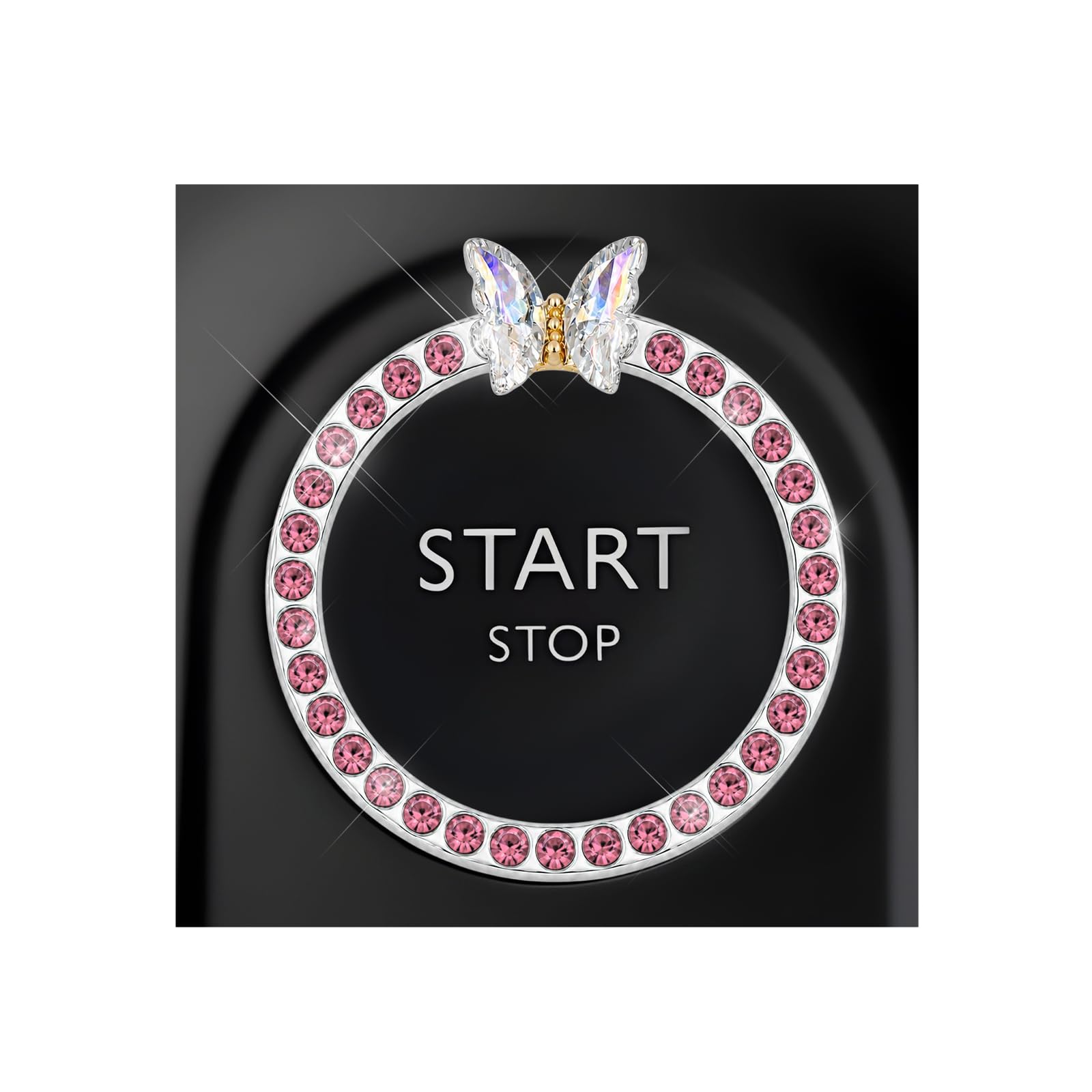 DXNQ Bling Ring Emblem, Sparkling Butterfly Car Buttons and Knobs Ring, Girly Butterfly Diamond Car Engine Start Button Cover, Key Ignition Knob Rings Decoration for Women (Pink, Single Row)
