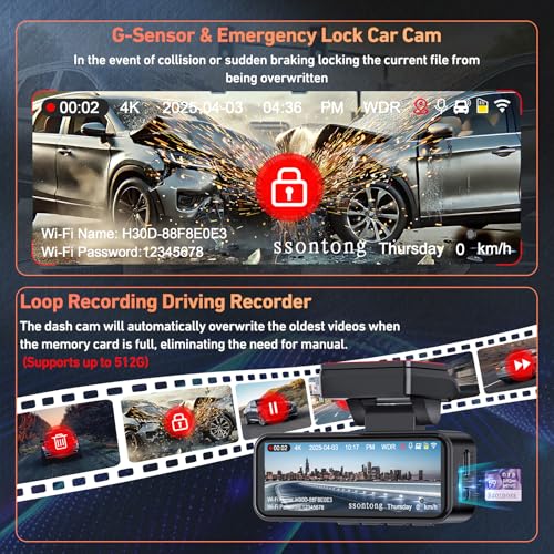 Dash Cam Front and Rear, 4K Dash Cam Built-in 5.8G WiFi GPS ADAS Dashcam,3.2" IPS Screen Dash Camera with Free 32GB Card,G-Sensor,Loop Recording,WDR,Night Vision Dashboard Camera - Image 7