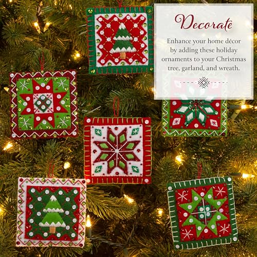 Image of Bucilla Felt Applique 4 Piece Ornament Making Kit, Holiday Quilt Squares, Perfect for DIY Arts and Crafts, 89753E