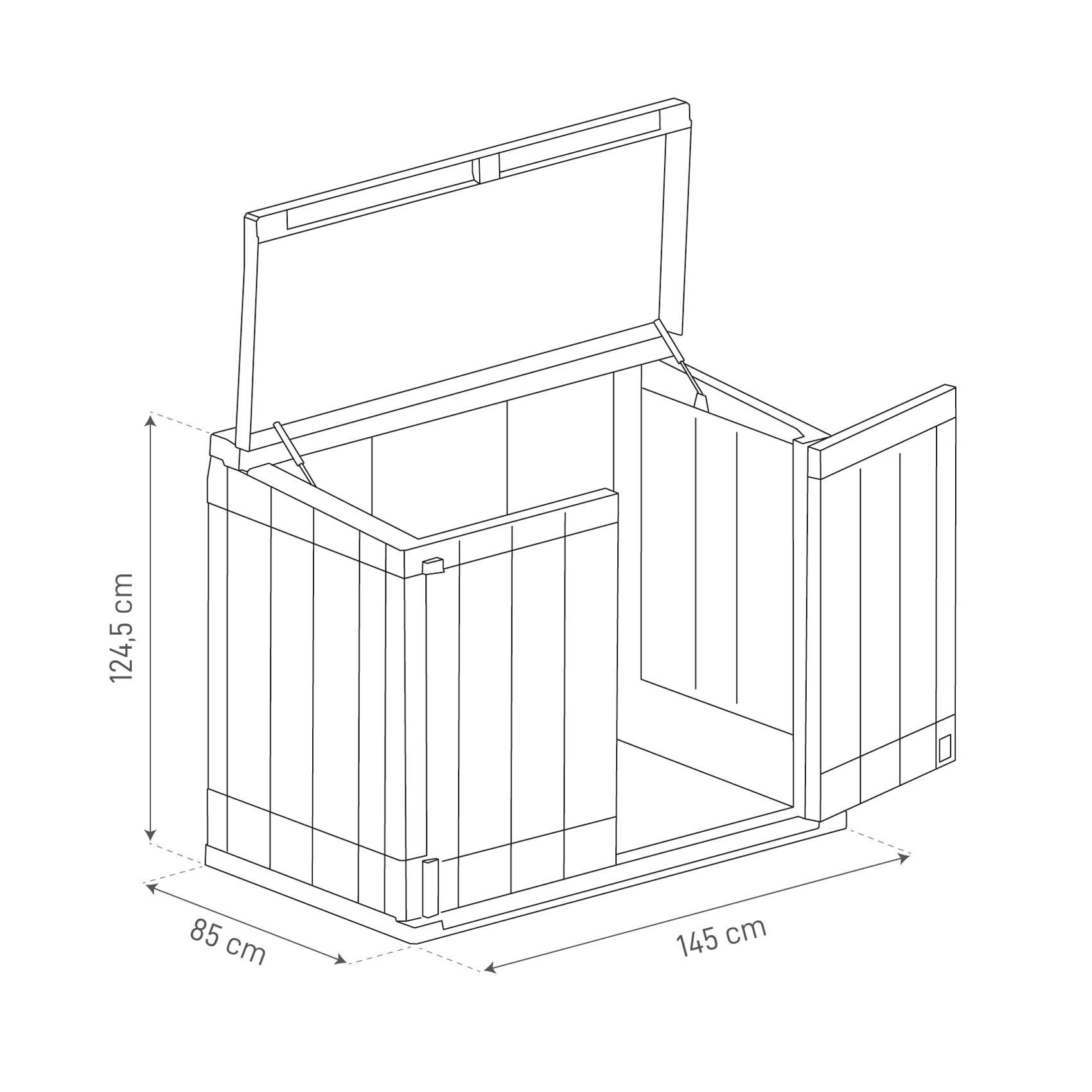 Toomax Stora Way Plus XL Baule 1270L portattrezzi 145x85x124,5h cm, in plastica resistente antracite/grigio, porta bidoni spazzatura, apertura assistita e chiusura a chiavistello, ideale per esterno