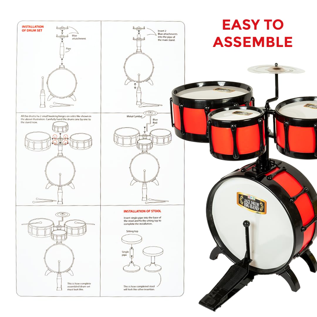Avis Jazz Drum Big Band Musical Set, 56 cm Height, 4 Drums with Cymbal, Stool and Drumsticks, Drum Set for Kids of Age 4+ Years 2