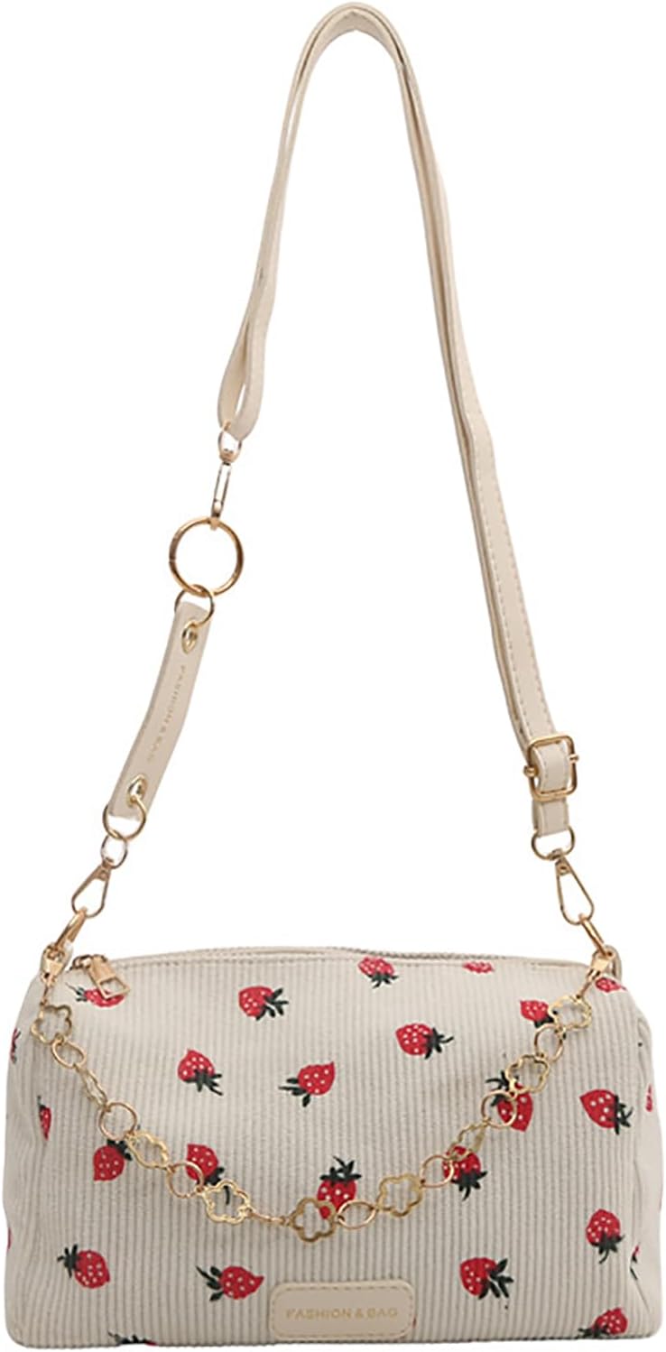 Cute Crossbody Bag for Women Strawberry Purse Corduroy Tote Bag Fashion Chain Aesthetic Handbags Travel Bags