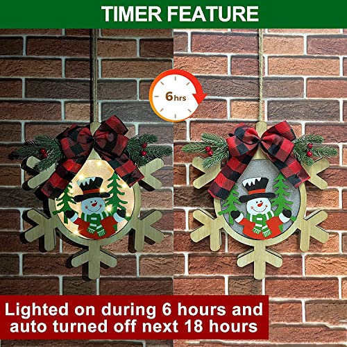 [ Lighted & Timer ] Turnmeon Prelit Snowman Christmas Wreath Sign Decoration With Lights Battery Operated Wooden Hanging Xmas Sign For Front Door Christmas Decoration Home Window Wall Outdoor Indoor #TOP2