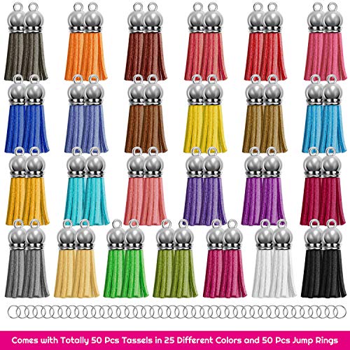 paxcoo tassels for jewelry making 50pcs leather tassel keychain charms bulk with 50pcs jump rings for bracelets acrylic key chain blanks and craft supplies