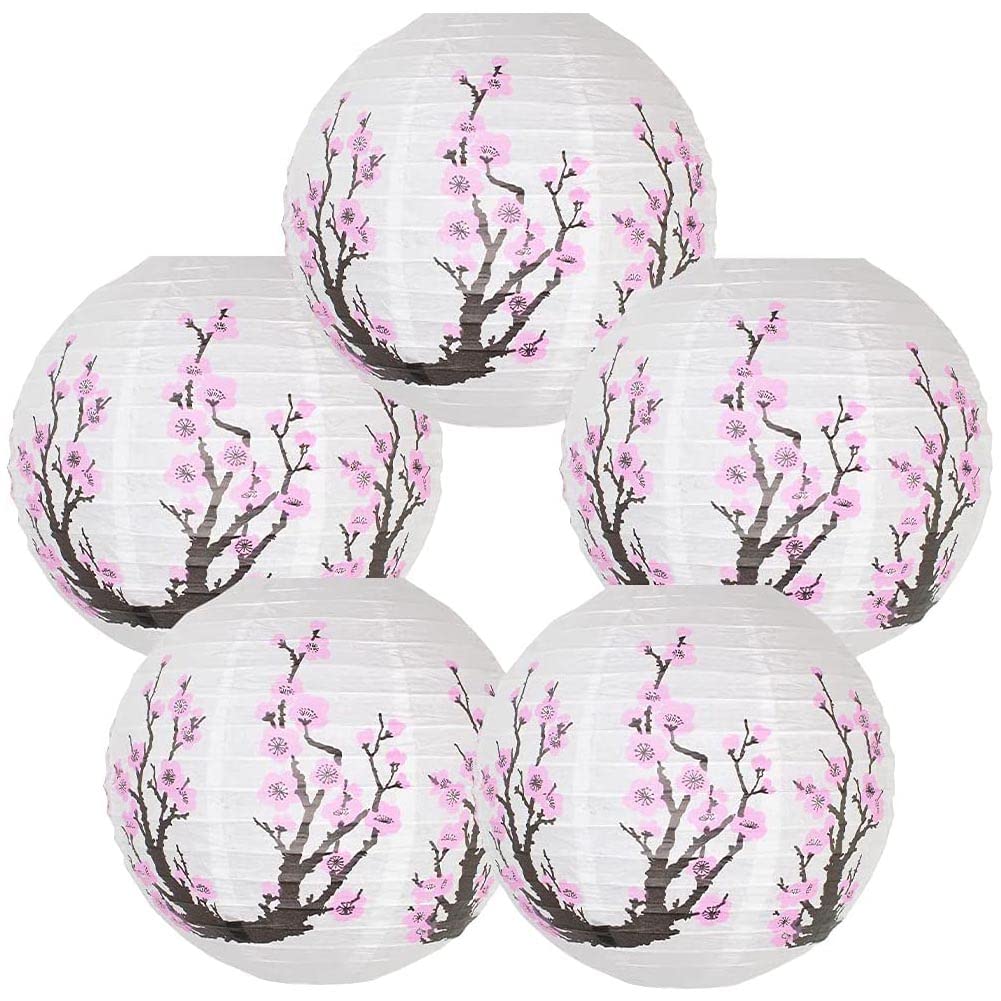 Chinese Paper Lanterns, 5 Pack Hanging Chinese Lanterns with Cherry Blossom Decor, 40 Cmpaper Lanterns for Parties, Birthdays, Events, Weddings, Memorial Ceremonies (Pink Cherry Blossom)