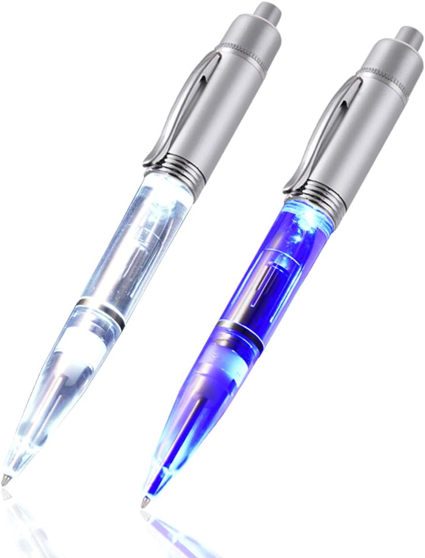 Pen Light - LED Pen with Light, Light Up Penlight for Night Writing Ballpoint Pen for Night Writer - Useful Extend Replacement Accessorries Included-2 PK -(1White+1Blue)