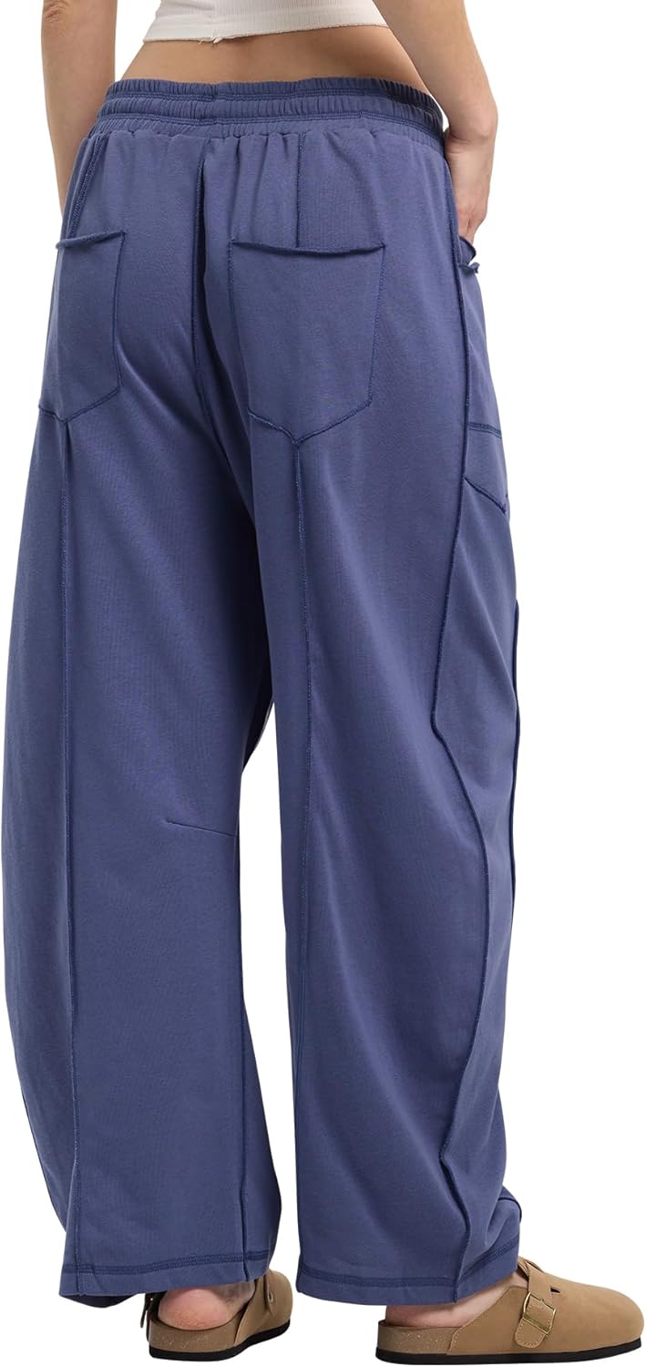 Womens Barrel Sweatpants High Waisted Baggy Wide Leg Lounge Pants, Casual Horseshoe Trousers with Pockets
