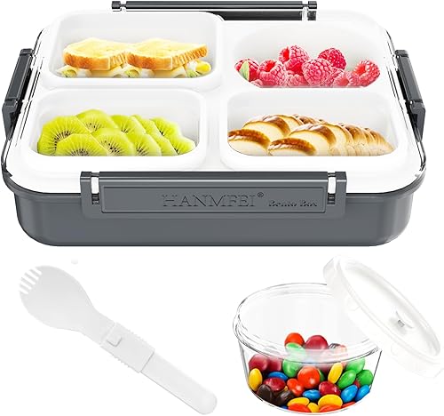 Miniatura 1 de Lonchera Bento, lonchera para adultos de 50.7 fl oz, lonchera de 4 compartimentos para niños con salsa a prueba de fugas (gris, polipropileno)