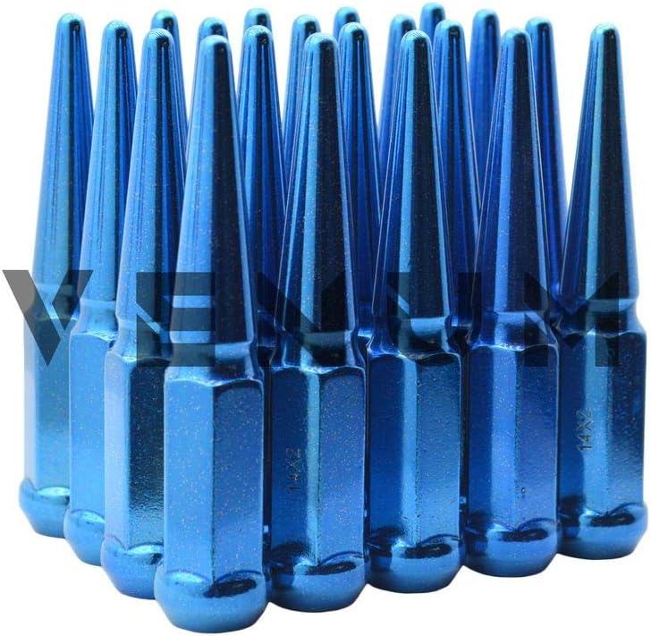 32 Pc Candy Blue Metallic Sparkle Spike Lug Nuts Powder Coated | Steel | 4.5" Tall | M14x1.5 Thread Pitch + 1 Key Works With Silverado Sierra 2500HD 3500HD H2 Duramax W/ Aftermarket Wheels