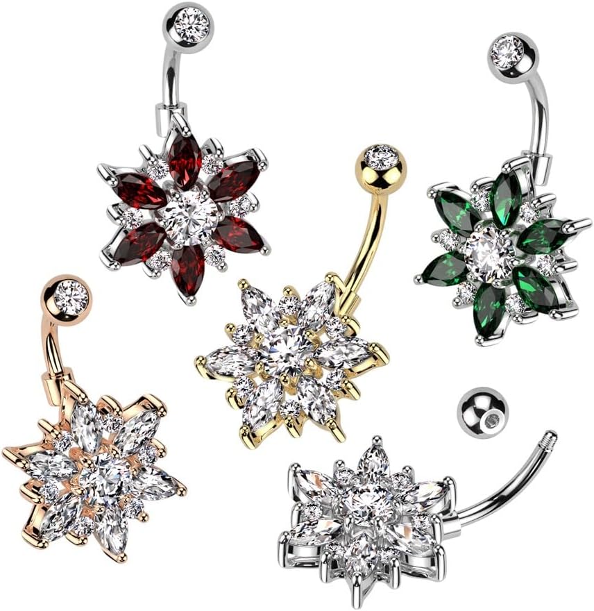 Pierced Owl 14GA 316L Stainless Steel CZ Crystal Flower with Marquise Petals Belly Button Ring - Image 3