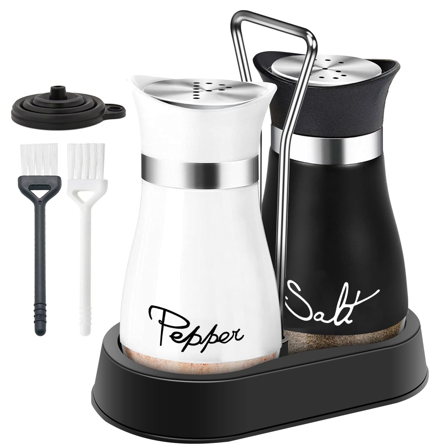 2 Pack Salt and Pepper Shaker Set with Holder, Funnel and Cleaning Brush