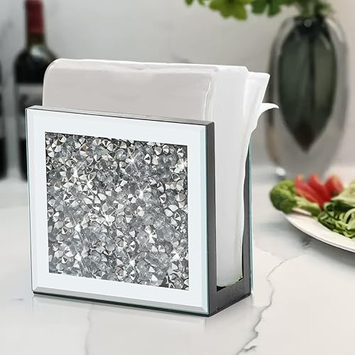 Miniatura 5 de Servilletero con espejo, soporte vertical de diamante triturado de cristal, bonito soporte de servilleta de espejo de vidrio para mostrador o mesa.