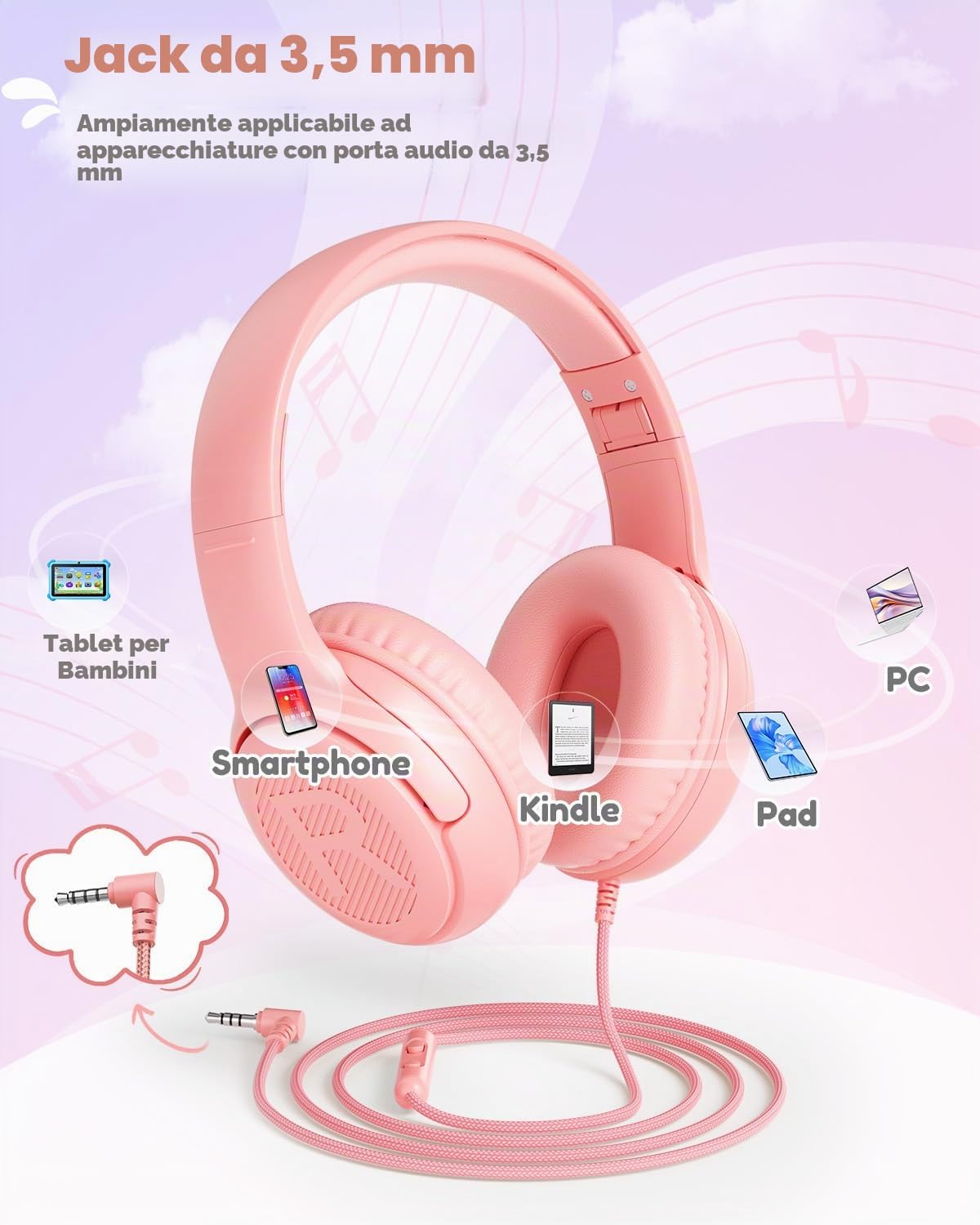 Cuffie per Bambini con Microfono, Limitazione Volume 85/94 dB, Jack 3,5 mm, Design Pieghevole, On-ear (Rosa)