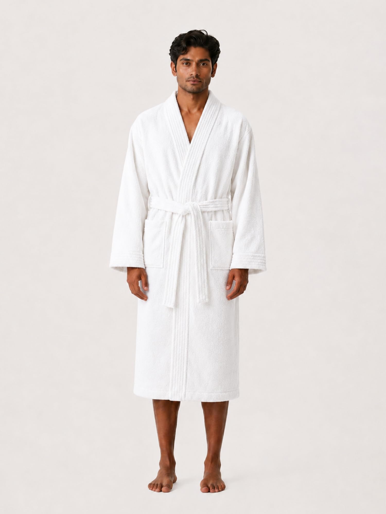 RANGOLI Premium Knee-Length 100% Cotton Men Bathrobe in Full Sleeves & 2 Pockets with 400 GSM Fabric for Ultra Soft & 2X Absorbency (White-XL) | Noble Collection