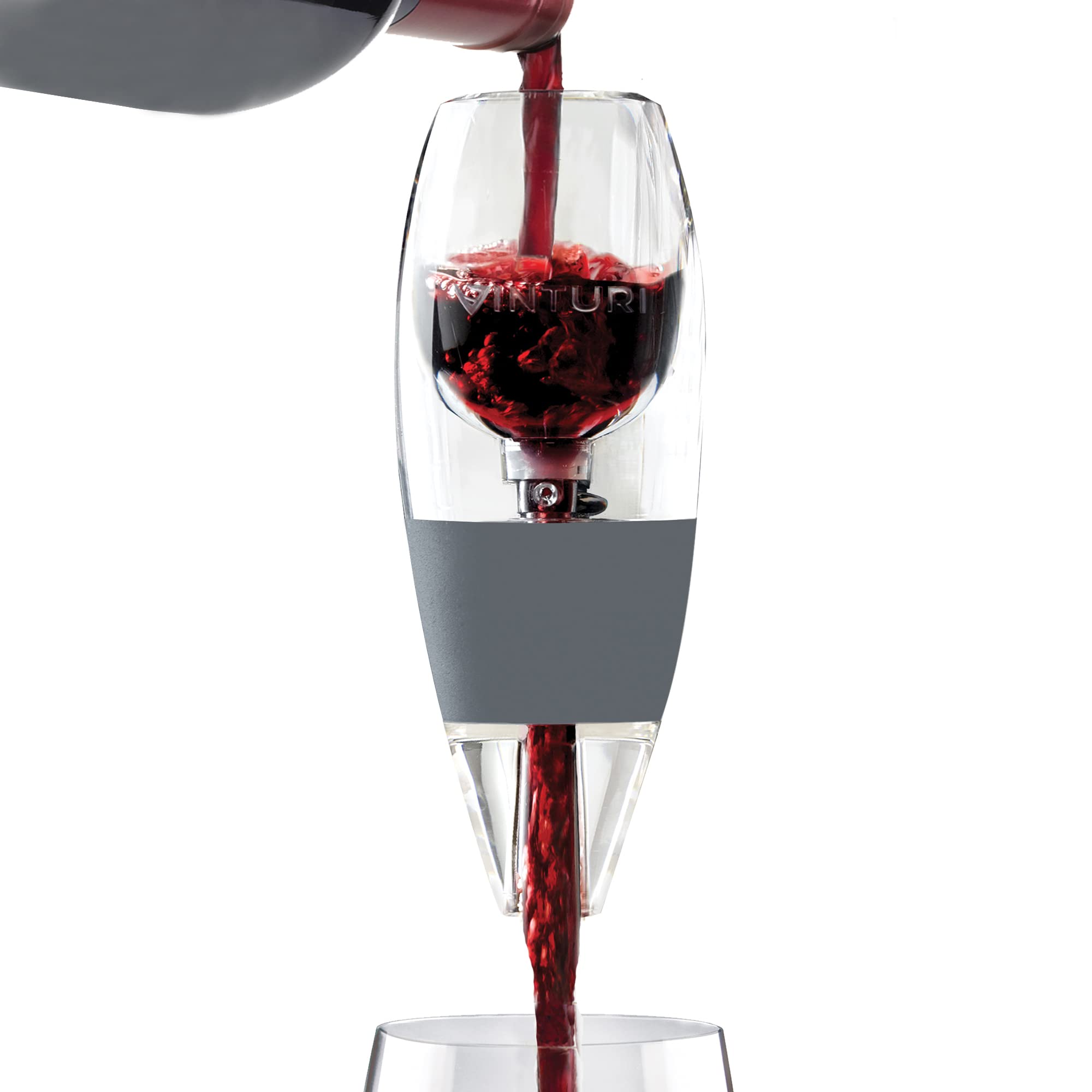Vinturi Ensemble bec verseur rouge et décanteur de luxe pour aérer facilement et facilement le vin par la bouteille ou le verre et améliore les saveurs avec une finition plus lisse, gris