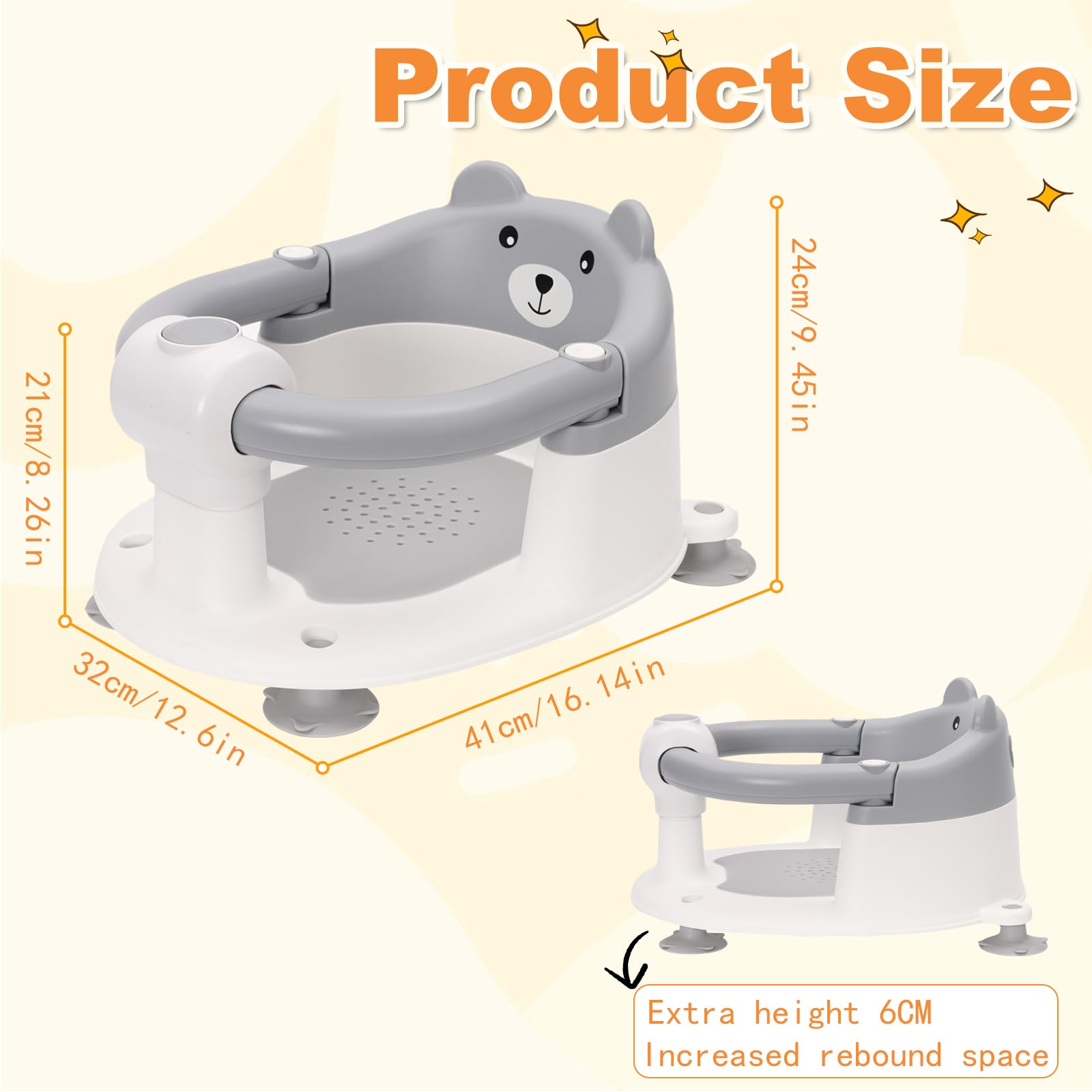 Badewannensitz Baby ab 6-24 monate Badesitz Baby mit 4 Starken Saugnäpfen Ergonomisch Rückenlehne und 360° Rundumschutz Rutschfeste Sicherer Duschsitz Geschenke für Kleinkinder und Neugeborene Grau