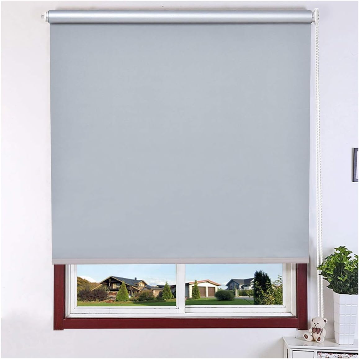 Kayra Decor 100% Blackout PVC Roller Blinds for Windows UV Protection, Waterproof, Room Darkening, Corded Roll Up and Down Blinds for Smart Home Office, (Customized Size, Grey)