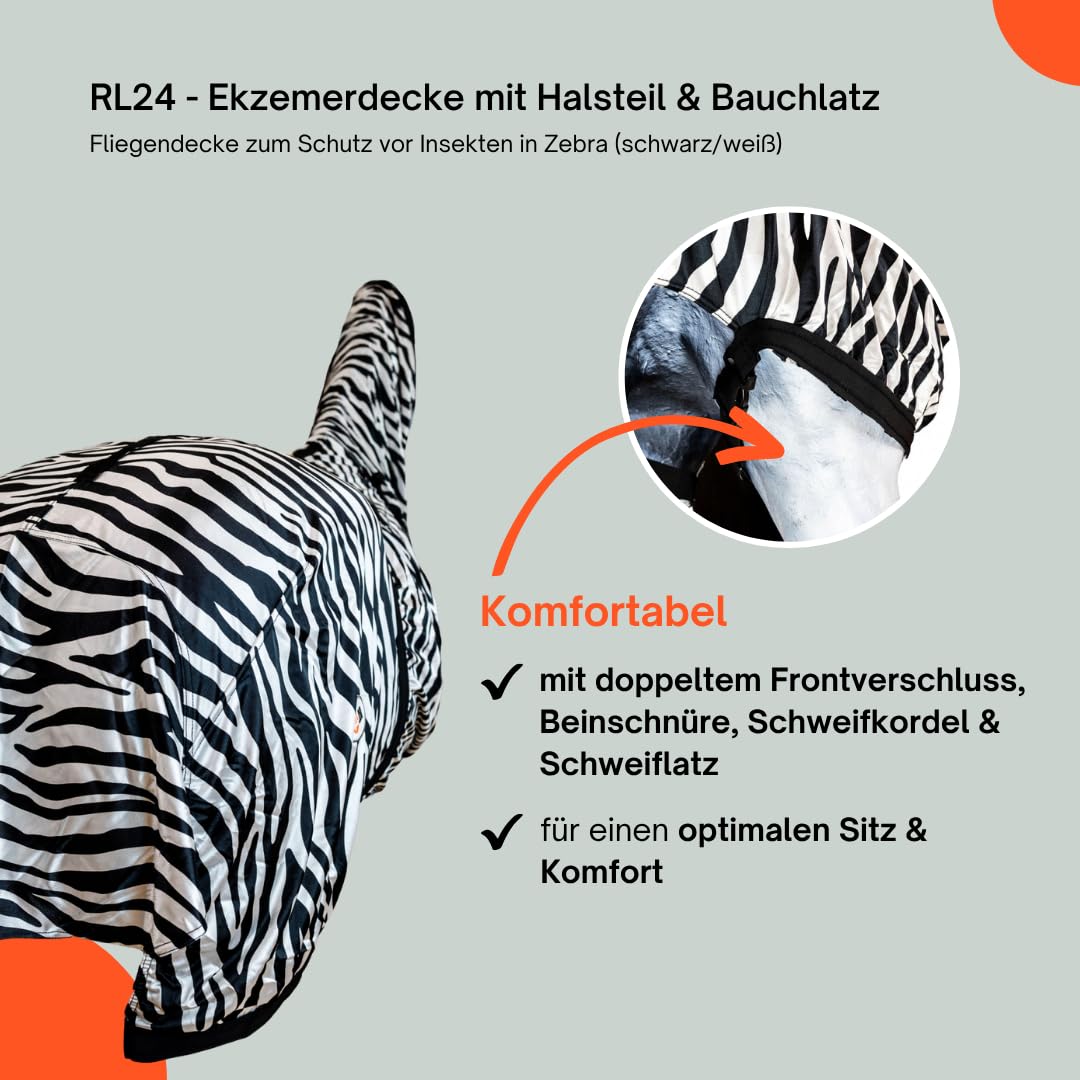RL24 Ekzemerdecke mit Halsteil & Bauchlatz – Fliegendecke Insektenschutz – Pferdedecke Schwarz/Weiß 115cm