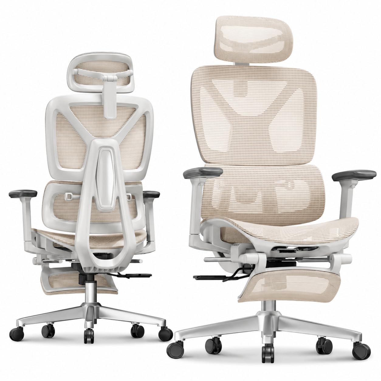 FLEXISPOT ErgoX Silla Escritorio con Reposapiés, Soporte Lumbar, Respaldo 5D, Reposabrazos 3D, Silla Ergonomica Escritorio con Cojín Transpirable,para un Espacio de Trabajo Fresco y Relajante, Beige Recycled Claim Standard 100
