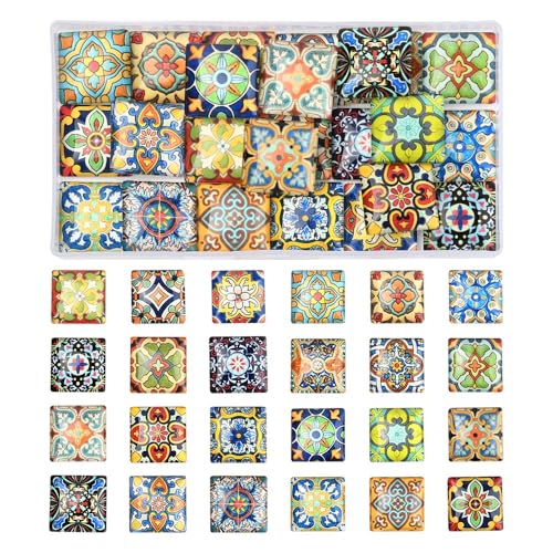 MakemadeDIY 24Pcs 25mm Square Mosaic Tile Glass Cabochons Flower Floor Tile Pattern Printed Dome Cabochons for Photo Pendant Earrings Necklace Bracelet Keychain Rings Jewelry Making DIY Craft Supplies