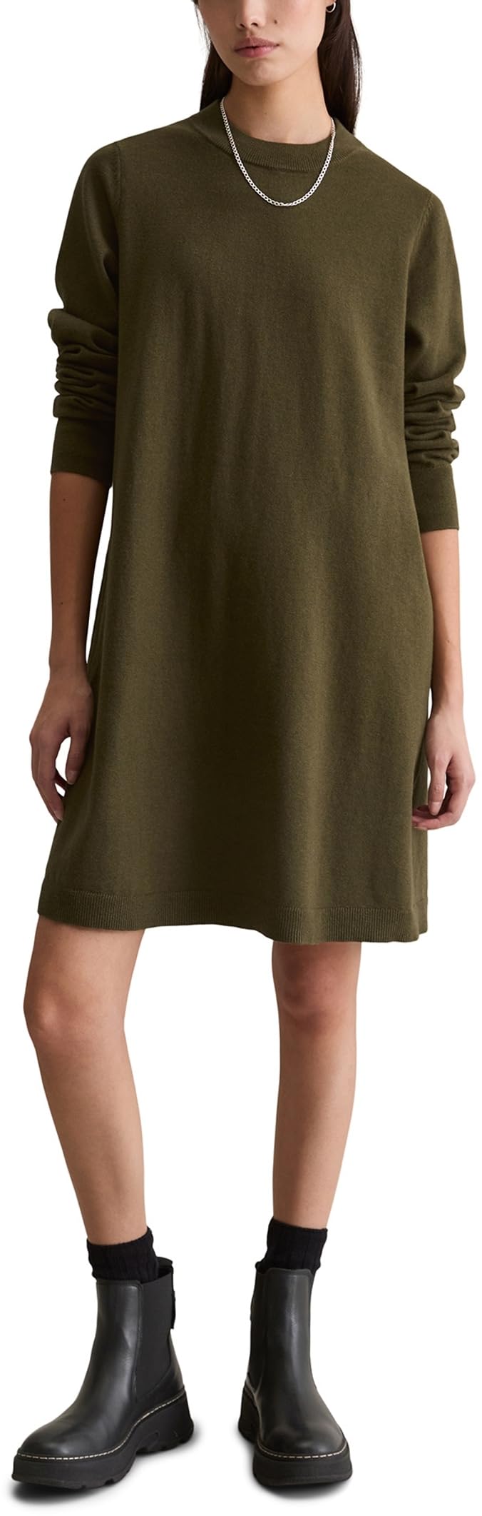 Marc OߴPolo Denim Damen Strickkleid mit Rundhalsausschnitt Knielang, Grün (Dark Green Melange 02), M