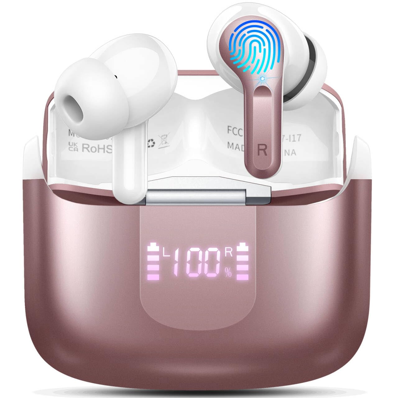 Ordtop Cuffie Bluetooth, Auricolari Bluetooth 5.4 con 4 HD ENC Cancellazione Rumore Mics, 40 Ore HiFi Stereo Cuffiette Bluetooth con LED Display USB-C, IP7 Impermeabili Cuffie Wireless per Android/iOS