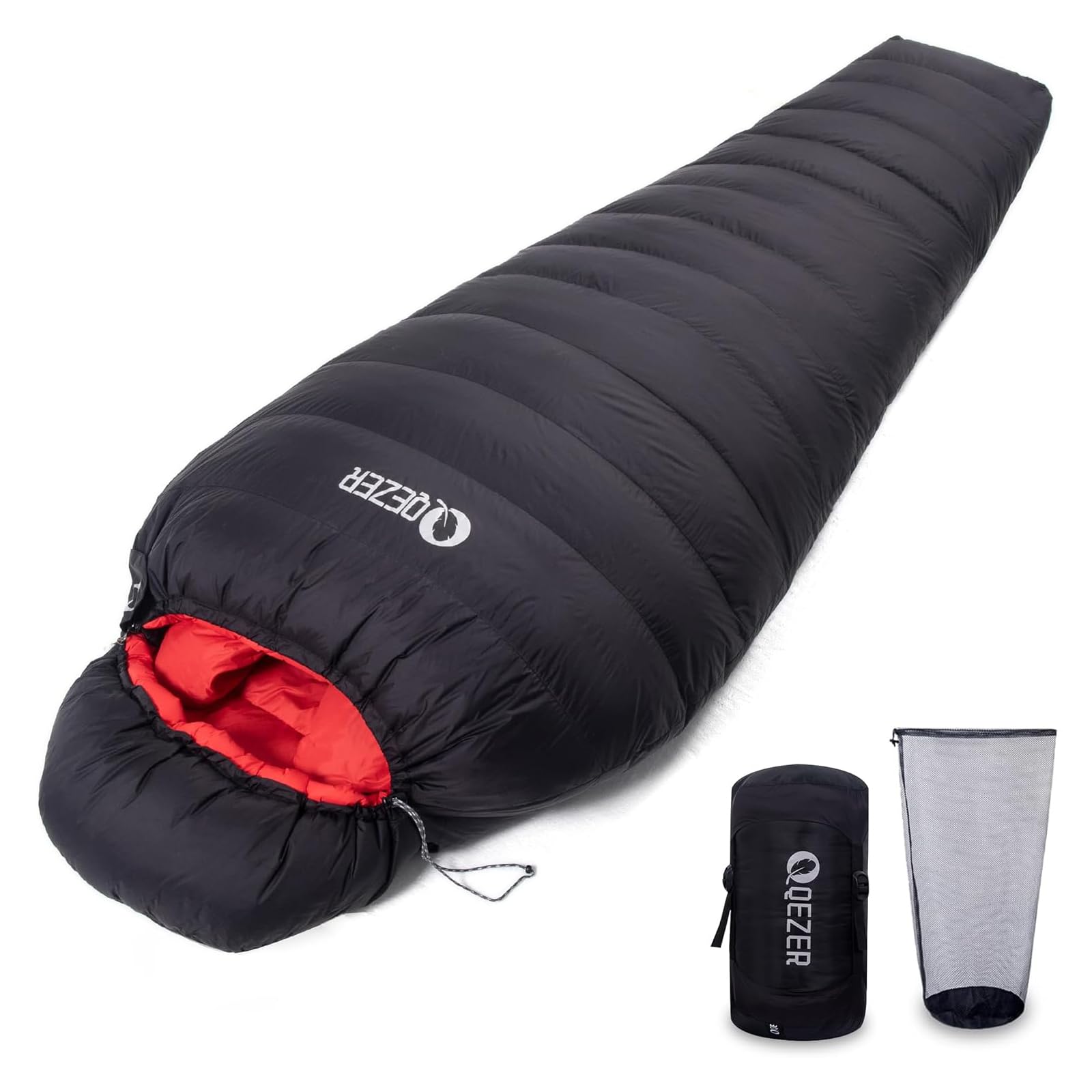 QEZER Down Sleeping Bag 4 Season, Lightweight Winter Sleeping Bag 0 Degree to -12 Degree for Adults and Kid Camping, Hiking and Backpacking Outdoor Filled 600+FP Down (1200black)