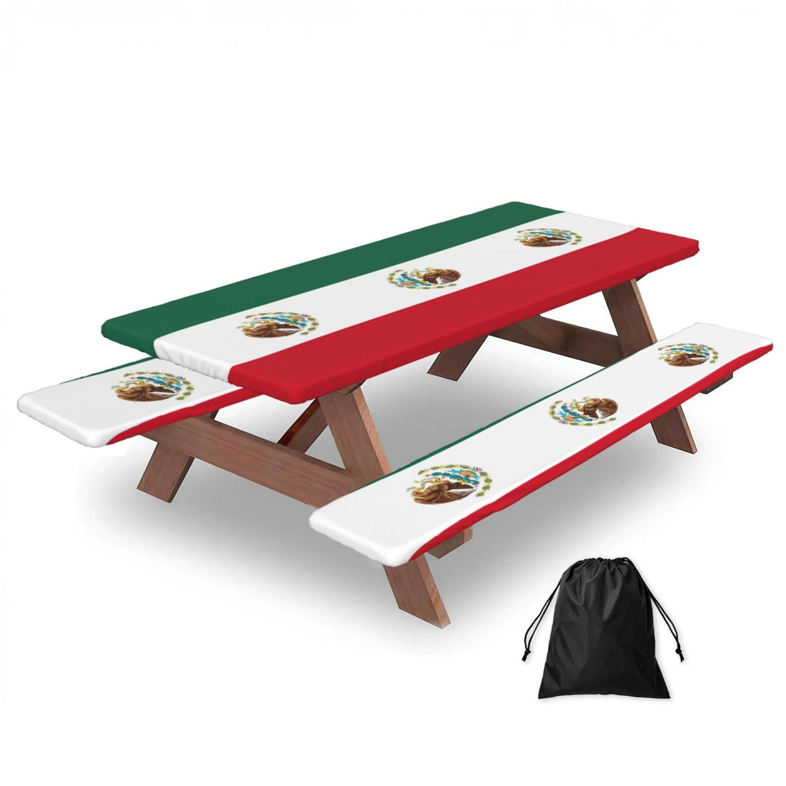 Duwaa Black Flag Of Mexico Print 183Cm Picnic Table Cover With Bench Covers, Waterproof Elastic Tablecloth Set For Outdoor