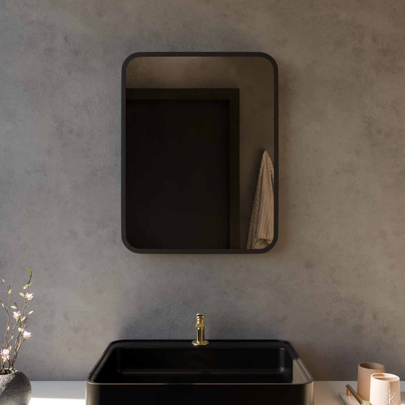Harper & Harlow Antila Wall Mounted Bathroom Vanity Mirror, 390x500mm, Rectangular with Rounded Edge Corners, Stylish Matt Black Frame, Landscape or Portrait, for Bathroom Bedroom Living Room