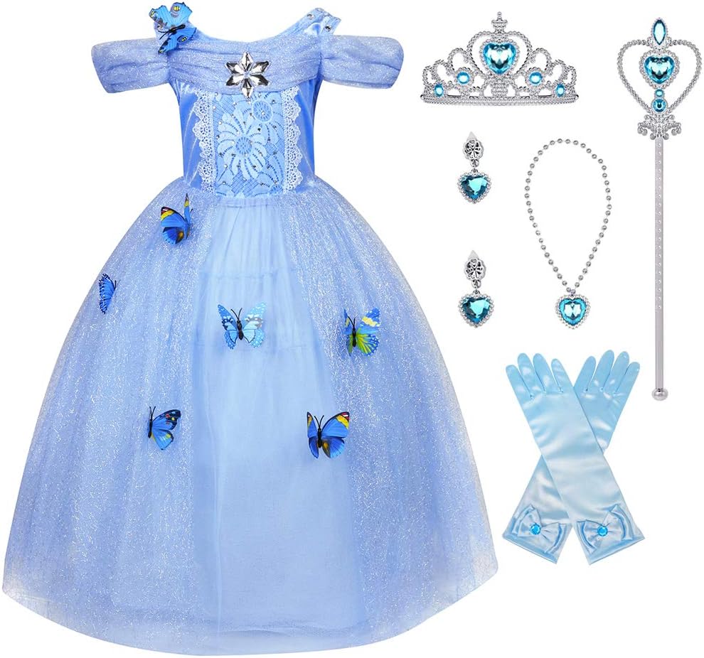 Little Girl Princess Cinderella Costume Butterfly Cosplay Blue Dress