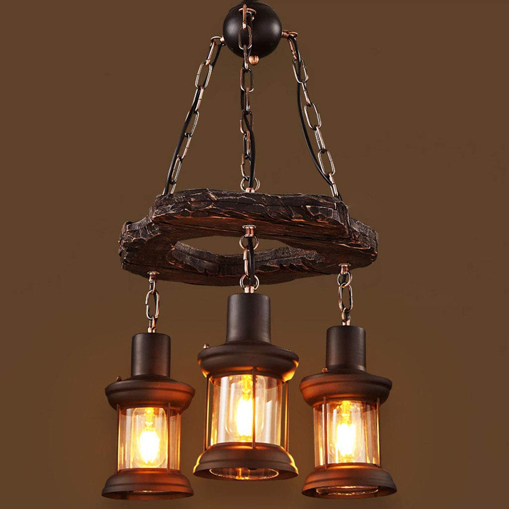 ZH-VBC3-Lights Chandelier Wooden Retro Rustic Pendant Light, Industrial Vintage Round Suspension Lighting Fixture, Metal Pendant, for Dining Table Kitchen Bar Billiard, E27
