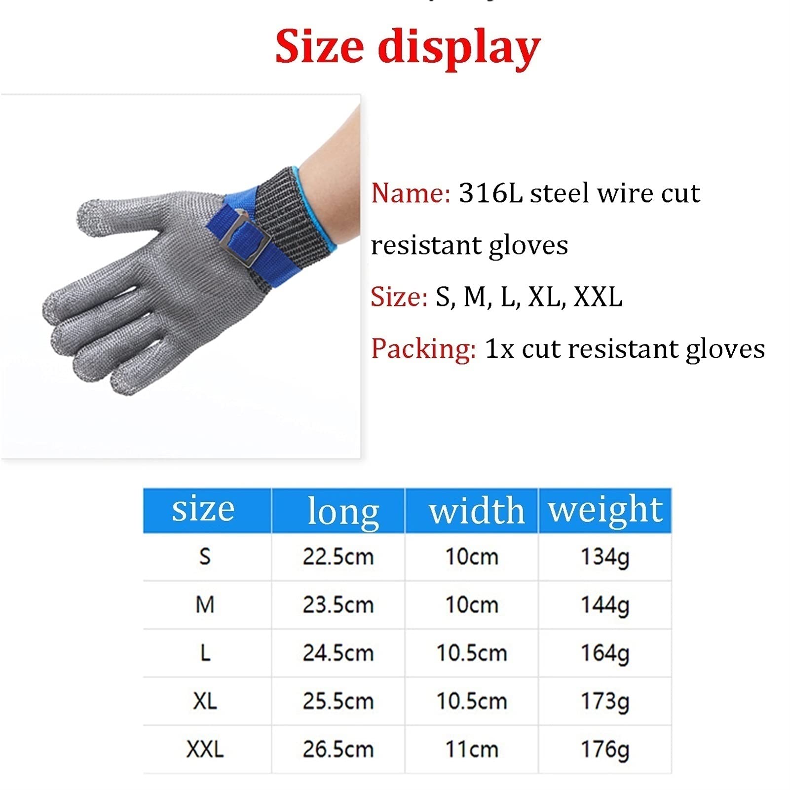 WXYZ Guantes Anticortes Guantes resistentes al corte de acero inoxidable de alta resistencia, guantes de trabajo de seguridad de alambre de acero de malla, antideslizantes y resistentes a los apuñalad