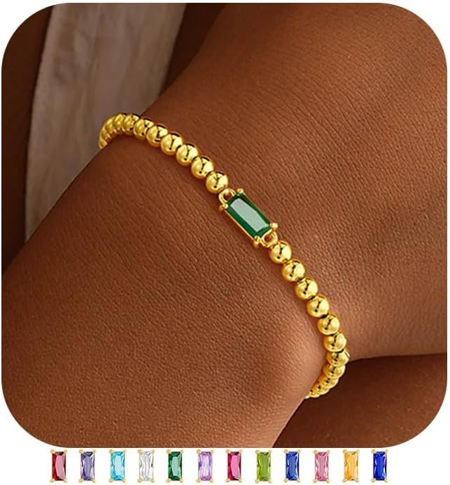 Yoosteel Dainty Birthstone Bracelet for Women Kids Teen Girls - 14K-Gold-Plated Beaded Stretch Bracelets Trendy Friendship Birthday Jewelry Gift for Teenage Girl Women