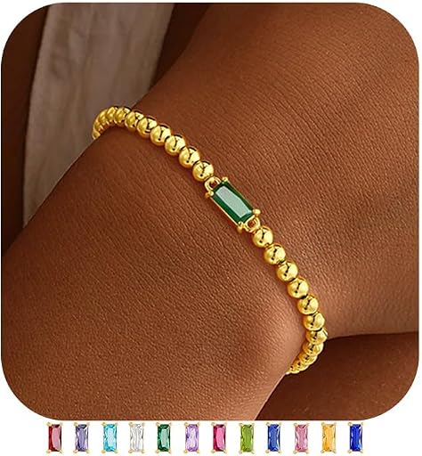 Yoosteel Dainty Birthstone Bracelet for Women Kids Teen Girls - 14K-Gold-Plated Beaded Stretch Bracelets Trendy Friendship Birthday Jewelry Gift for Teenage Girl Women