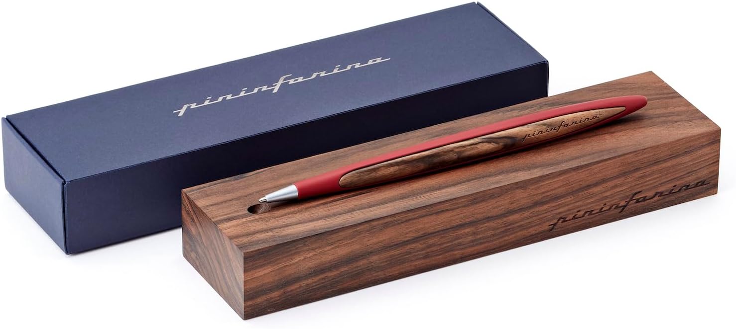 pininfarina CAMBIANO INK. RED. Luxury Ballpoint Pen. Aluminum Body With Inserts And Desk Stand In Walnut Wood. Best Ball Pen Gift Set for Men & Women. Professional Executive