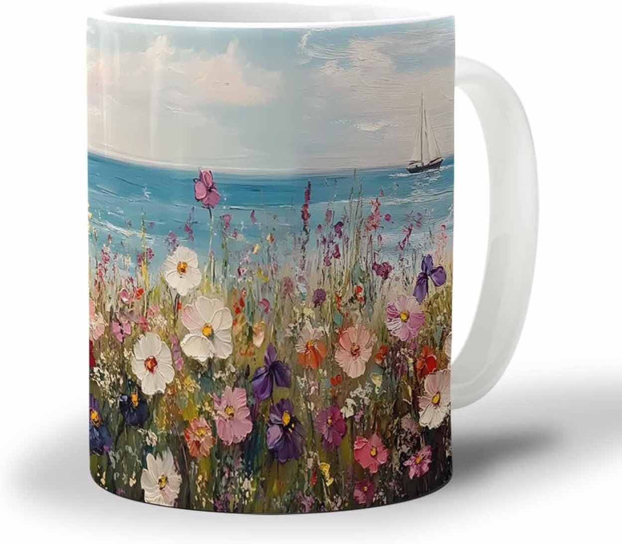 BEMIGO Ceramic Coffee Mug Flowers Ocean Ceramic Mug White Cup, Landscape Insulated Coffee Cup with Handle with Pattern Perfect for Tea and Hot Beverages, 12oz