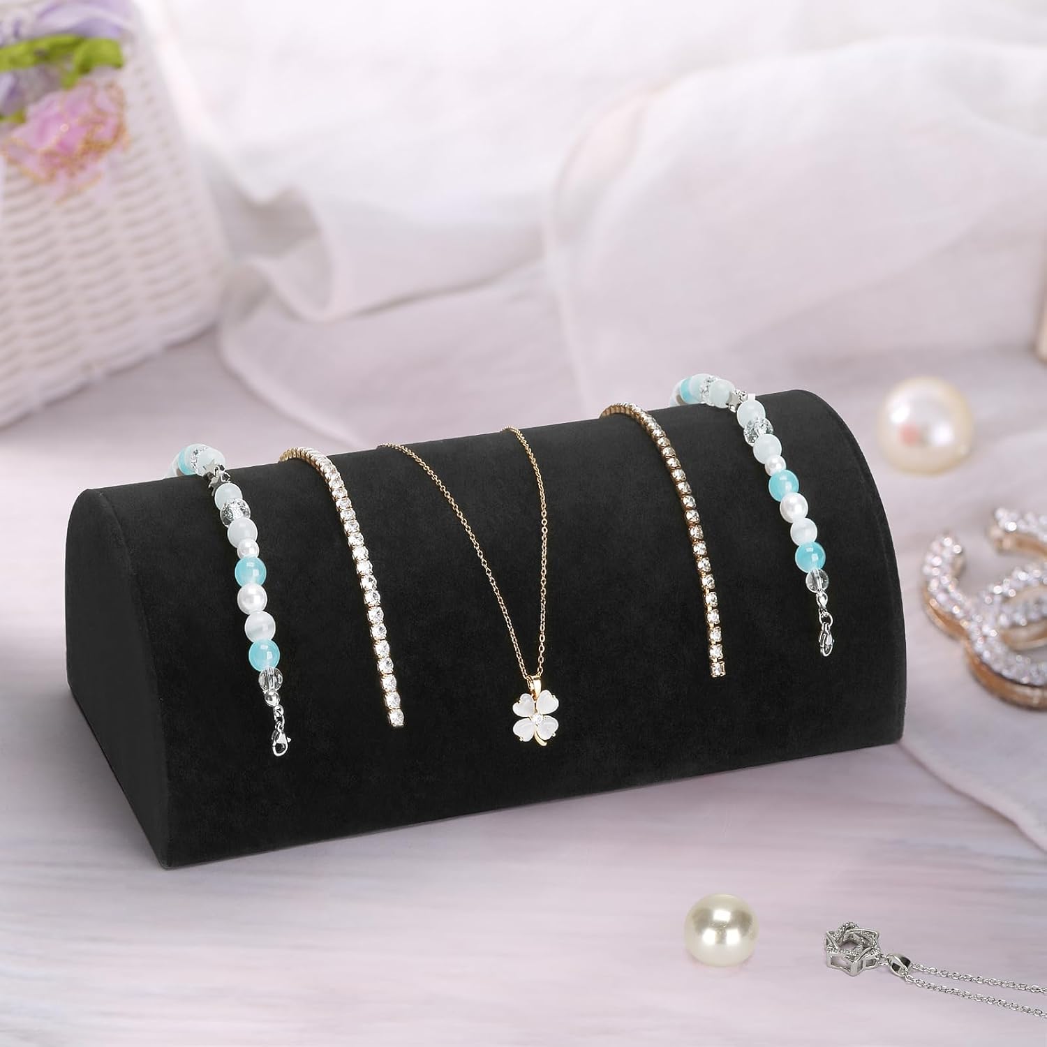 Velvet Half Moon Bracelet Display Stand, Pillow-Shaped Jewelry Bracelet Necklaces Pendant Chain Watch Holder Case for Women, Jewelry Organizer Storage Rack for Home Selling Show (Black) - Image 6