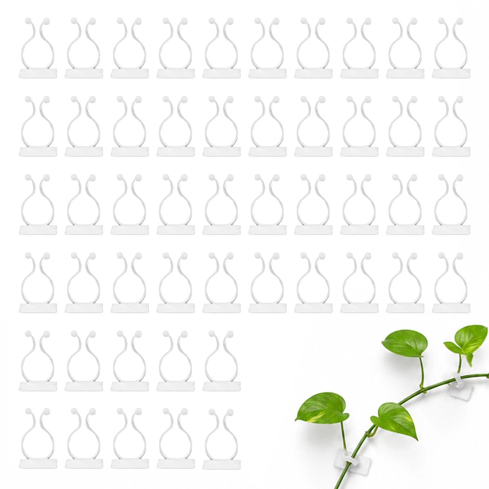 KinetiCore 50 Pack White Self-Adhesive Plant Clips, Invisible Vine Hooks for Climbing Plants, No Damage No Drill Plant Supports for Indoor Walls, Tile, Glass & Sheltered Outdoor Fences