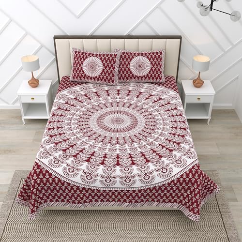 Image of RajasthaniKart Pure 100% Cotton Double Bed Sheet with 2 Pillow Covers (Bedsheet for Double Bed Cotton, Maroon Rangoli, Jaipuri King Size,5305)