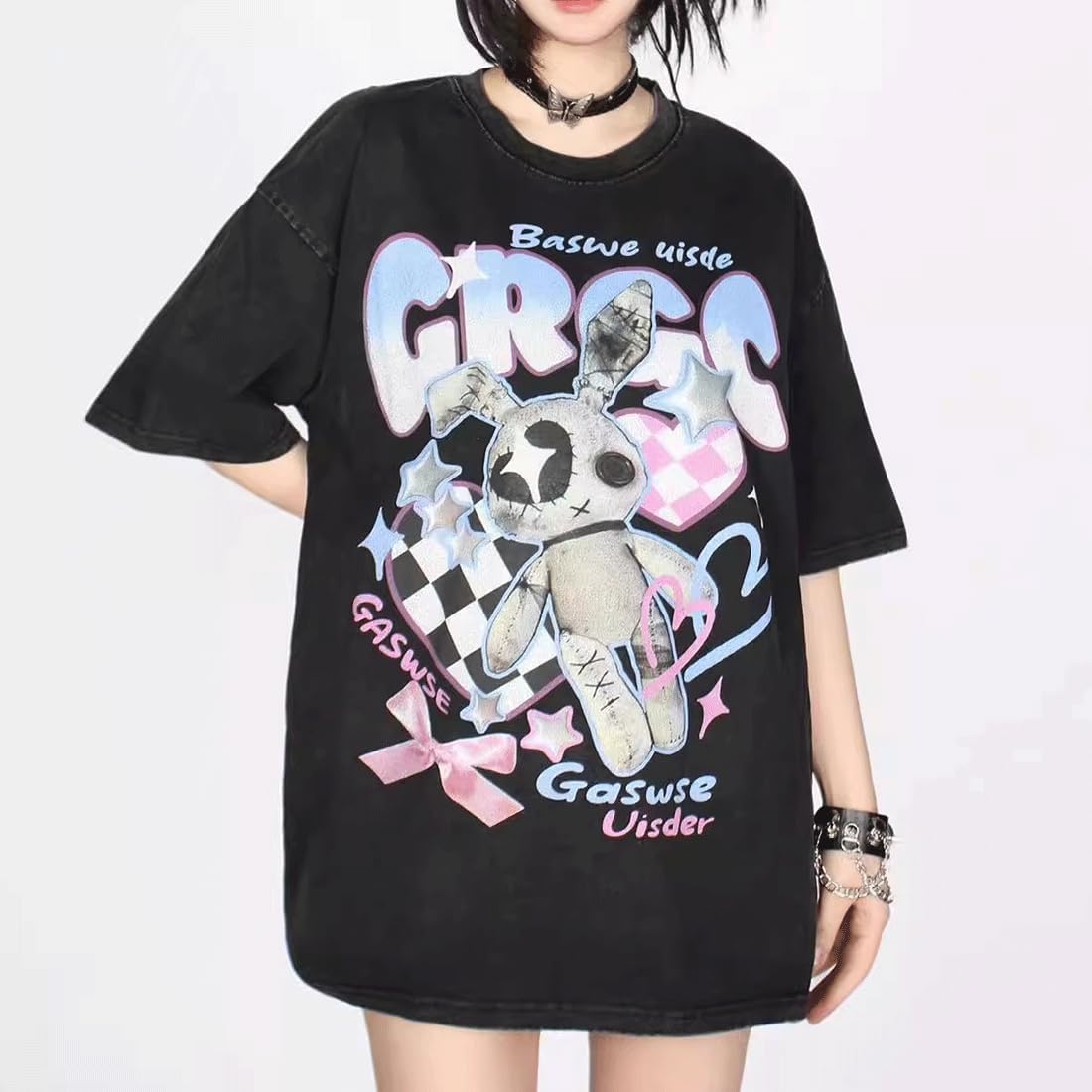 Y2K Harajuku Kawaii Goth Casual Style Soft Short Sleeve Crewneck Cartoon Print Distressed Bunny Toy T-Shirt - Image 6