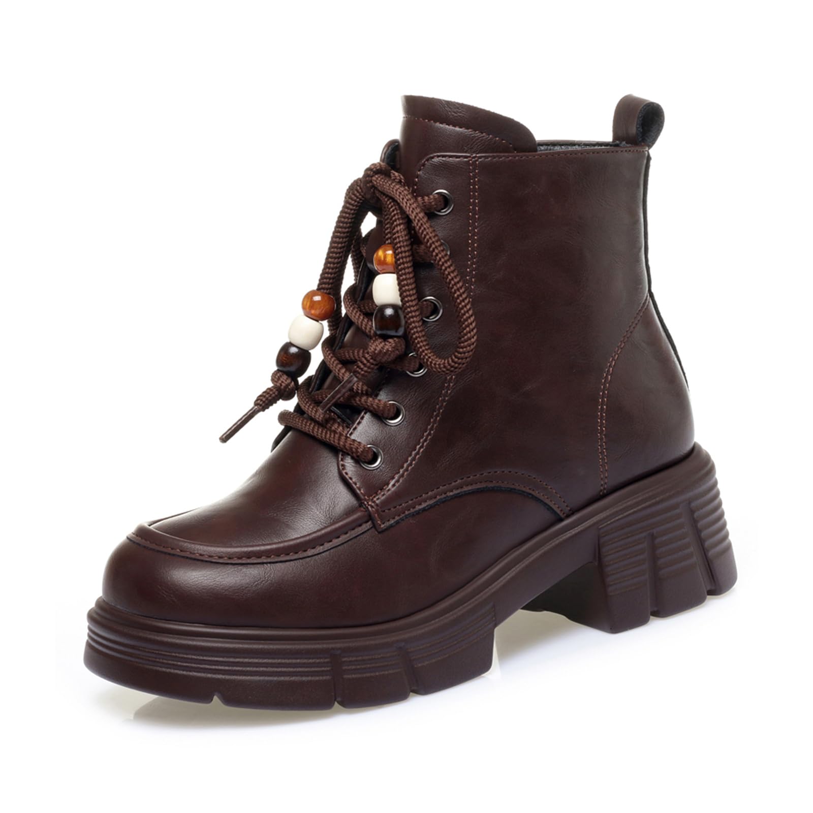 Womens Leather Lace Up Fur Lined Platform Chunky Heels Ankle Boots with Side Zipper Comfortable Velvet Winter Booties