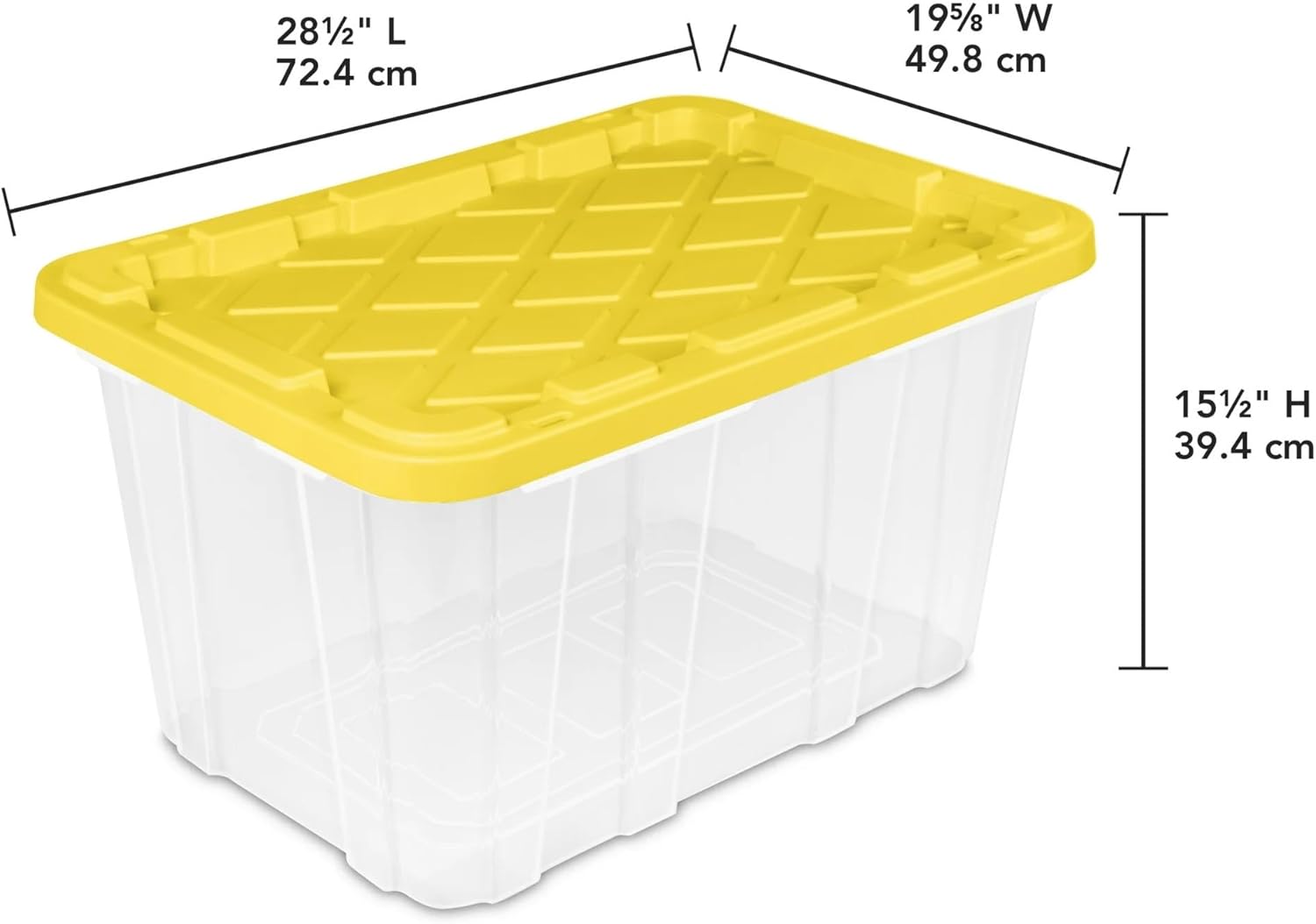 27 Gallon Durable Plastic Storage Tote with Snap-On Lid, Clear and Yellow, 4 Pack, 28.5 x 19.625 x 15.5 Inch